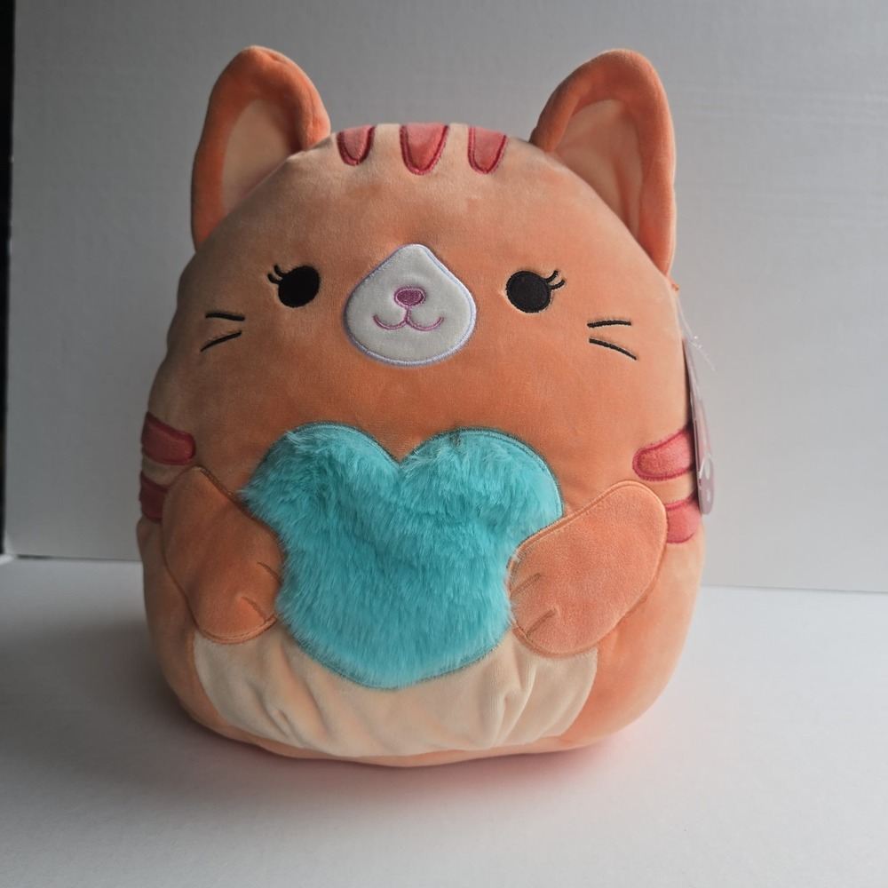 Squishmallows Gigi Orange Tabby Cat Fuzzy Teal Heart Plush 12 Inch